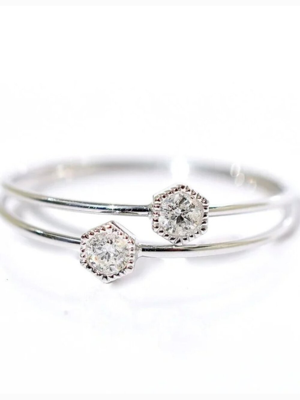 18K White Gold Hexagonal Diamond Petite Solitaire Stack Ring - Picture 3 of 5